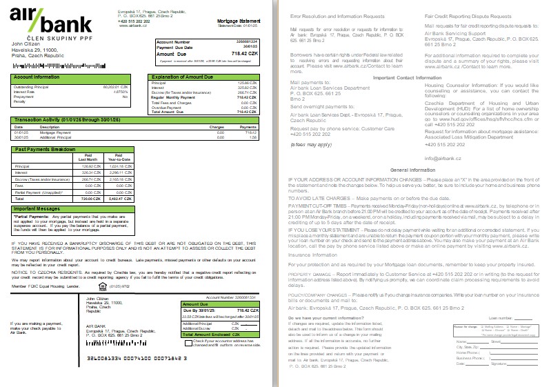 Download Czechia Air bank mortgage statement, 2 pages,  1 2 scr Photoshop template